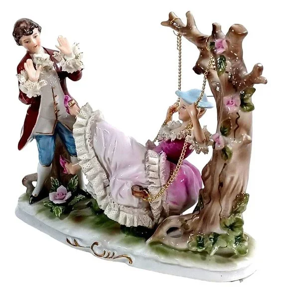 Romantic Dresden Lace Figurine Sculpture Man Woman Tree Swing Capodimonte - Picture 9 of 16